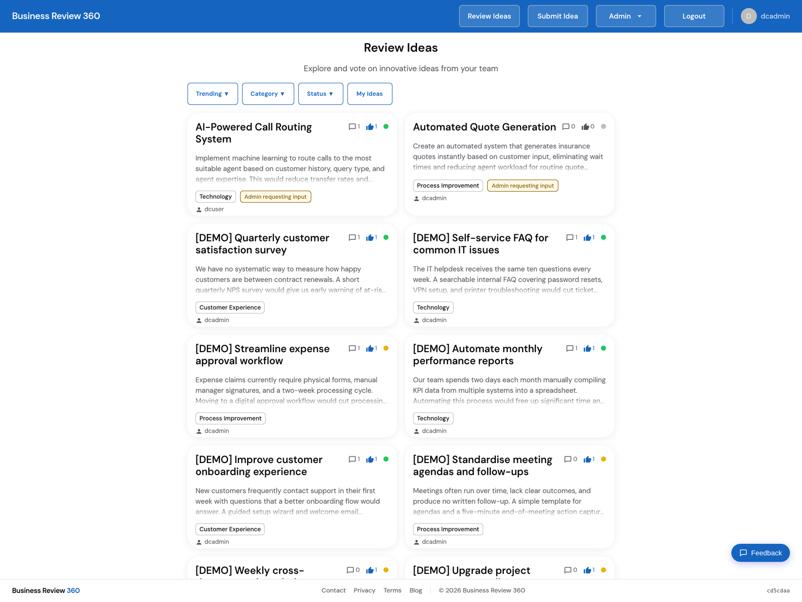 Business Review 360 employee idea review feed